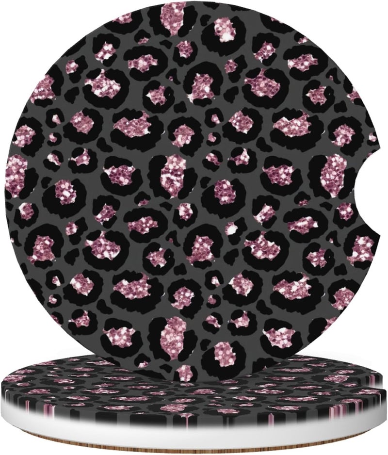CTVSLFU Absorbent Car Coasters for Cup Holders, 2 Pack Universal Anti Slip Ceramic Cup Coaster for Women Men 2.56 Inch Car Interior Accessories - Black Pink Leopard 005 - Image 1